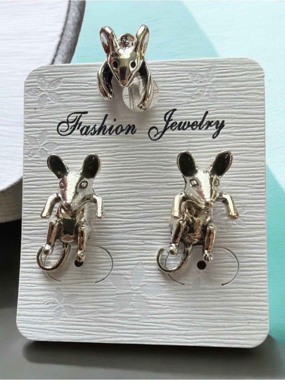 Silver Tone Rat Earrings & Matching Adjustable Ring set Whimsical Animal Jewelry